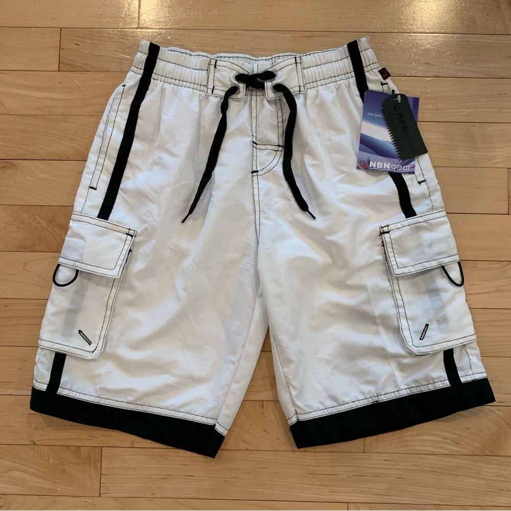 New! NBN Gear youth boys size medium 10/12 white swim cargo shorts